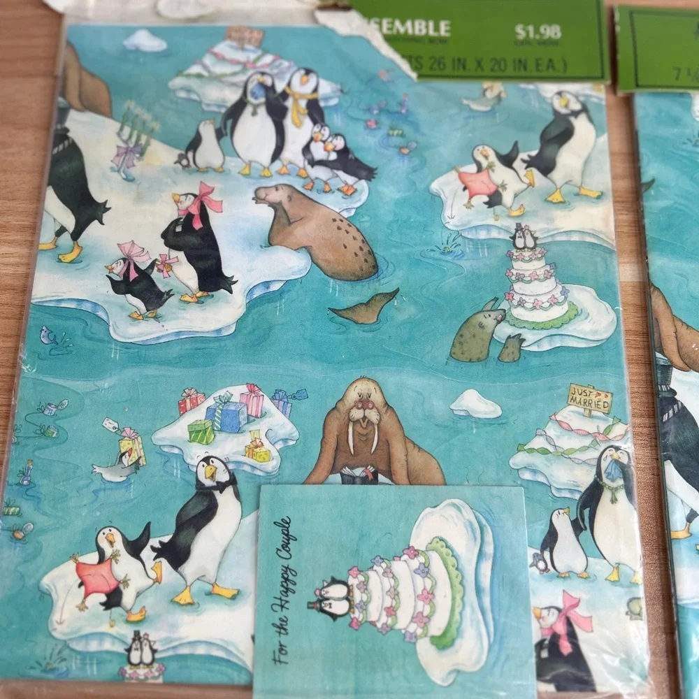Vintage Wedding Wrapping Paper Blue Penguins Wedding Cake Set of 2 Hallmark